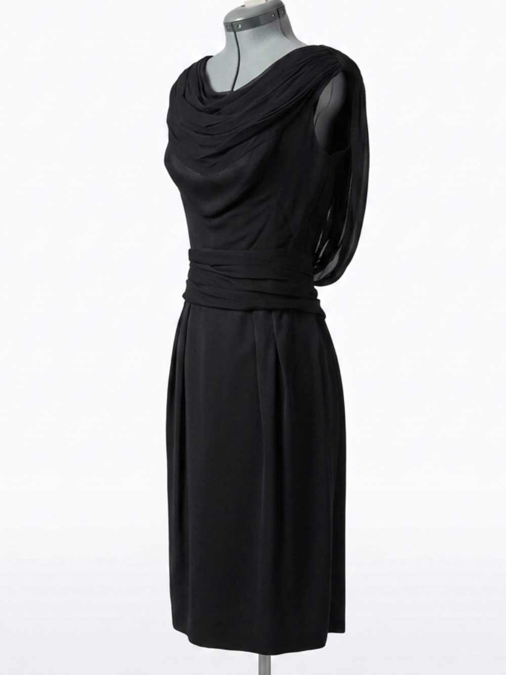 Frank Starr VTG 50s chiffon cocktail dress,draped back, cummerbund waist, S, GUC